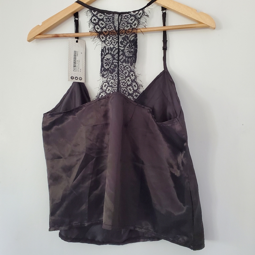 NWT NASTY GAL Sz M Black Silky Cami Top Spaghetti Straps Eyelash Lace T-Back Y2K - Picture 14 of 16